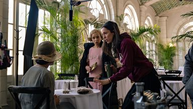 Tessa Thompson as Irene and Ruth Negga as Clare with director Rebecca Hall on the set of Passing. Pic: Emily V Aragones/ Netflix